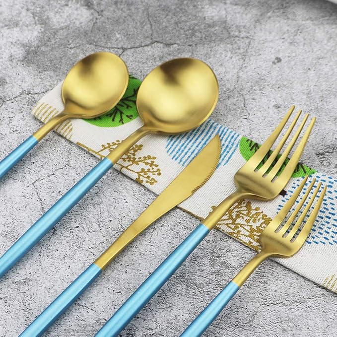 20-Piece 18/10 Stainless Steel Flatware Silverware, Luxury Dinnerware Set Travel Cutlery Tableware Include Knife Fork Spoon Service for 4, Dishwasher Safe (Blue Handle Matte Gold)