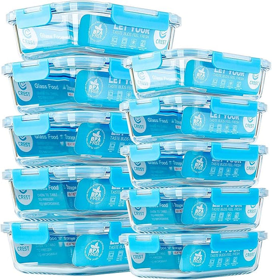 C CREST Glass Meal Prep Containers, [10 Pack] Glass Food Storage Containers with Lids, Airtight Glass Bento Boxes, BPA Free & Leak Proof (10 Lids & 10 Containers)