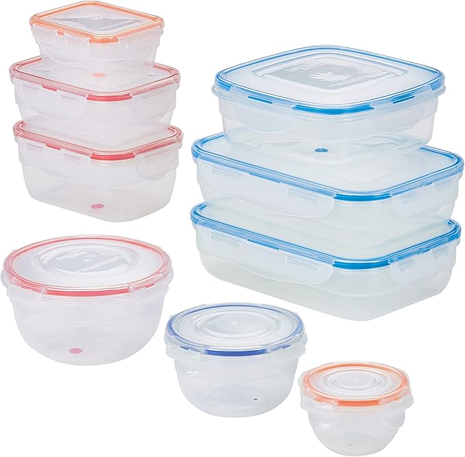 LOCK & LOCK Easy Essentials Color Mates Food Storage lids/Airtight containers, BPA Free, 18 Piece, Clear