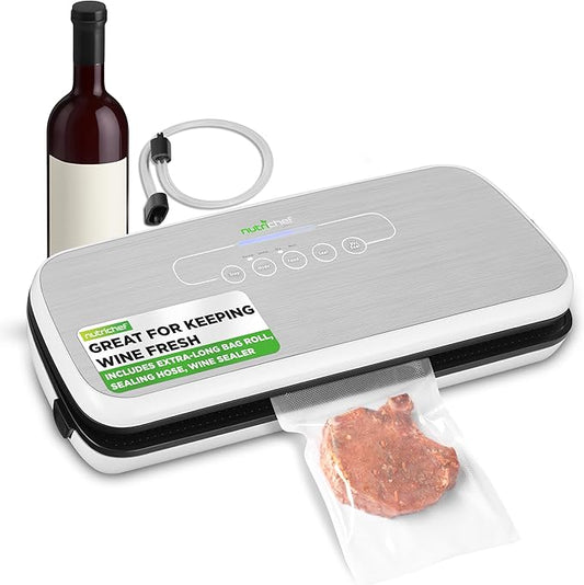 NutriChef Food Vacuum Sealer Machine - Automatic Air Sealing System for Dry & Moist Foods, LED Touch Controls, Includes Vacuum Bags, Hose & Wine Stopper, High Suction Power, 14"x6"x3", Silver