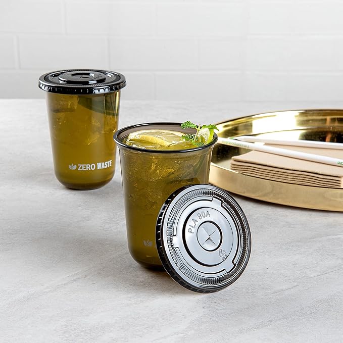 LIDS ONLY: Zero Waste 3.5 x 3.5 Inch Plastic Lids, 100 Disposable Flat Lids - Cups Sold Separately, Commercially Compostable, Black PLA Plastic Lids, Fits 12,16, And 24 Ounce Cups - Restaurantware