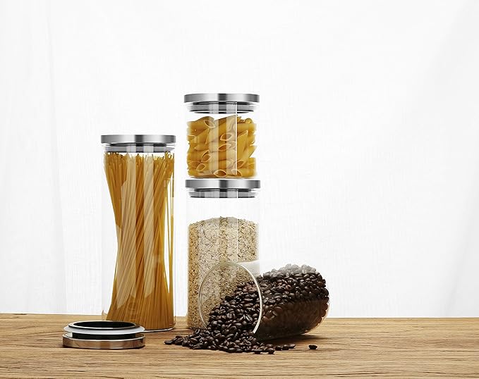 SIXAQUAE Glass Food Storage Containers Jar Stainless Steel Lids 2 Packs 1200ml Airtight Canister Organization Sets Stackable