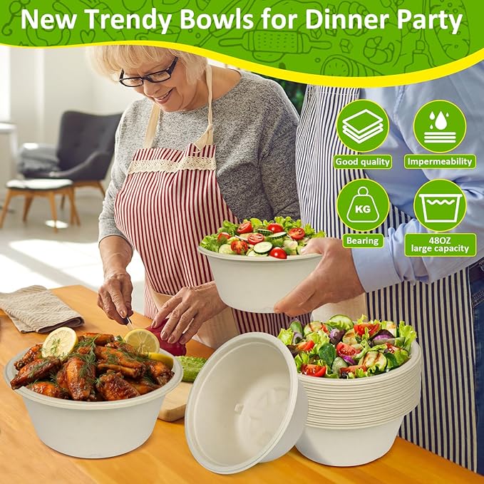 Paper Bowls, 100% Compostable Disposable Soup/Salad Bowls 48 Oz 50 Pack, PFAS-Free BPI Certified Eco-Friendly Hot/Cold Food Bowls, Natural Brown