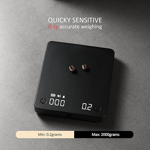 Portable Coffee Scale,Electronic Digital Espresso Scale with Timer,2kg/0.1g High Precision,USB Type-C Charging,Rechargeable 1800mAh Battery Black