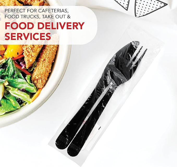 Party Essentials Individually Wrapped Black Plastic Utensil Sets/Heavy Duty Flatware Packs, Fork/Knife/Napkin/Salt/Pepper, 100 Sets