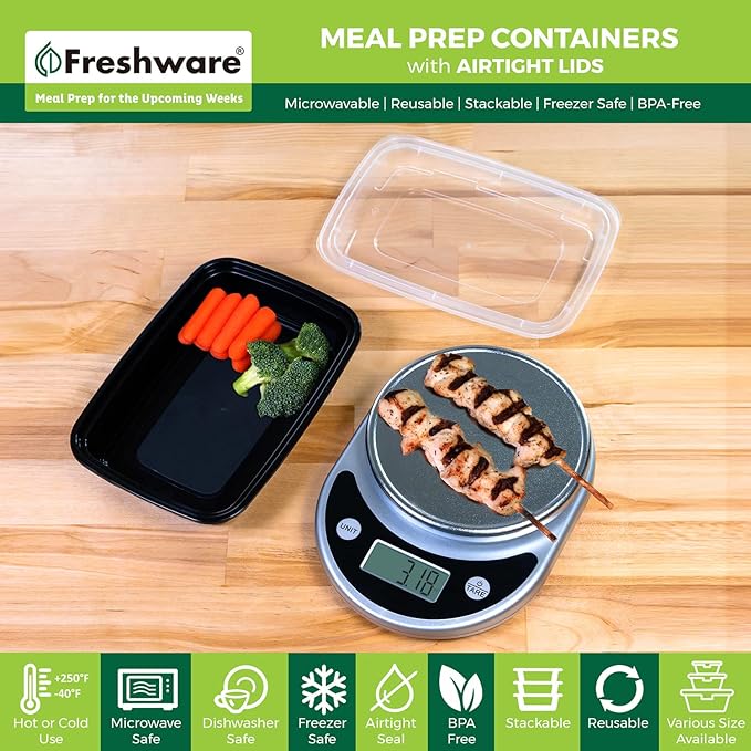 Freshware Meal Prep Containers [150 Pack] 1 Compartment with Lids, Food Storage Containers, Bento Box, BPA Free, Stackable, Microwave/Dishwasher/Freezer Safe (16 oz),Black