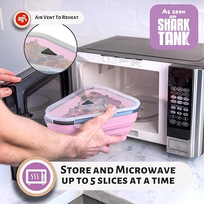 PIZZA PACK The Perfect Reusable Pizza Storage Container with 5 Microwavable Serving Trays - BPA-Free Adjustable Pizza Slice Container to Organize & Save Space, Pink 3 pk