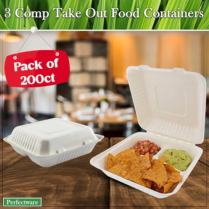 100% Compostable 3 Comp Take Out Food Containers 9x9x 3. 200 Containers, Natural Disposable Bagasse, Eco-Friendly Biodegradable Made of Sugar Cane