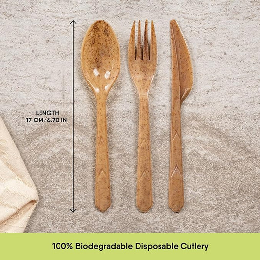 100% Biodegradable Cutlery Made of Vegetable Fibers, 300 PCS of 6.7” Long Heavy-Duty and Splinter Free Eco-Friendly Spoons, Forks & Knives, Perfect Sustainable Cutlery by The Veggie Straws
