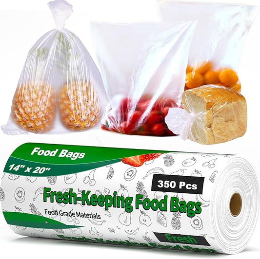 Food Bags, 14" X 20" Plastic Produce Bags Roll, Fresh-Keeping Clear Plastic Bags for Food, Fruit, Vegetable, Bread, Kitchen, freezer, Supermarket, 350 Plastic Produce Bags/Roll (1 Rolls)