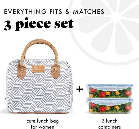 Fit & Fresh Lunch Bag For Women, Insulated Womens Lunch Bag For Work, Leakproof & Stain-Resistant Large Lunch Box For Women With Containers, Zipper Closure Bloomington Bag, Gray Seaport