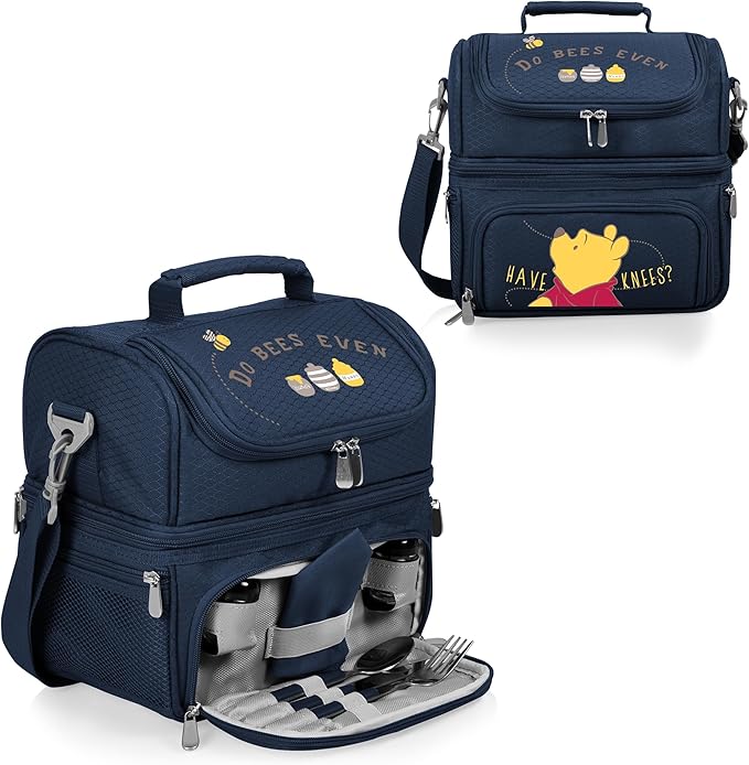PICNIC TIME Disney Winnie the Pooh Pranzo Lunch Bag, Insulated Lunch Box with Picnic Set, Lunch Cooler Bag, (Navy Blue)