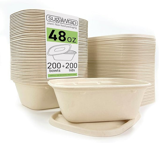 Disposable 48oz Food Containers with Lids (200 Bowls + 200 Lids) Eco-Friendly Biodegradable Bamboo & Sugarcane, Sturdy & Leak Resistant, Freezer & Microwave Safe for Hot & Cold (48 oz)