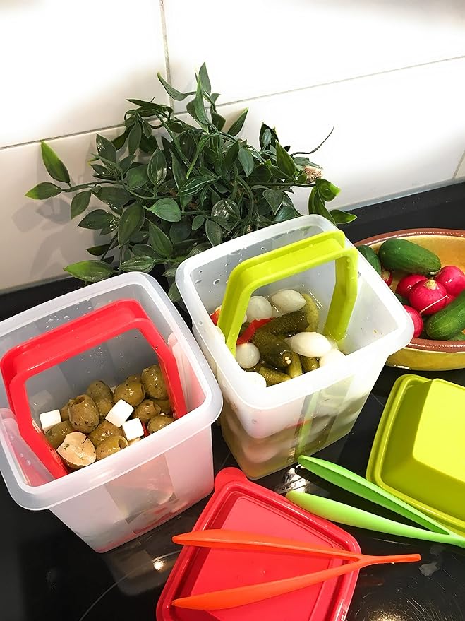 Pickle Jar with Strainer Insert - Set of 2 - Plastic Leak Proof Food Saver Container - For Fresh Fruit or Pickled Vegetables - Complete with Tongs