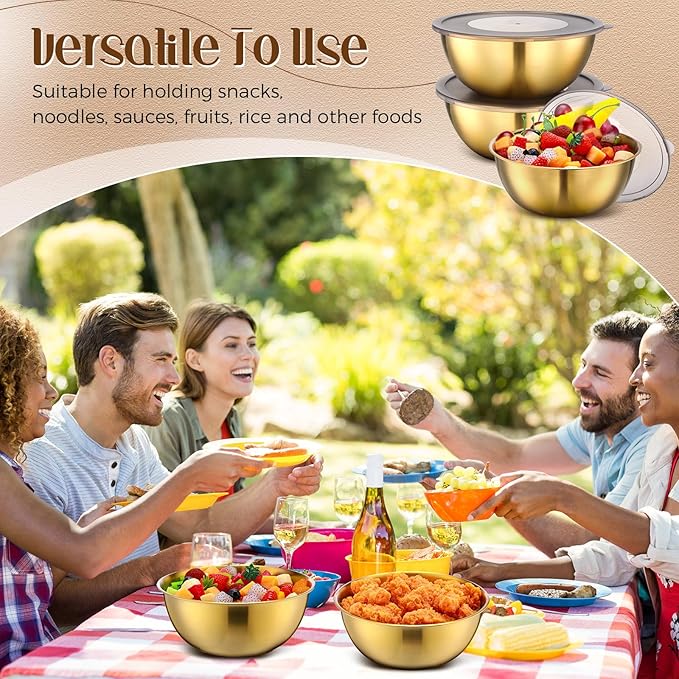 Nuogo 12 Pack 8.27 inches Gold Mixing Bowls with Airtight Lids Gold Serving Bowl Metal Salad Fruit Bowls Stainless Steel Soup Bowls Kitchen Accessories for Lunch Snack