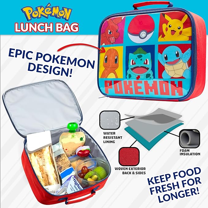 Pokemon Kids Insulated Lunch Bag, Lunch Box and Water Bottle, 3 Piece Set (Red/Blue)
