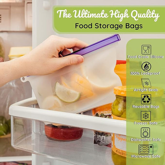 WeeSprout 100% Silicone Reusable Food Storage Bags - Set of 6 Leakproof & Airtight Pouches (Two 6 Cup, Two 4 Cup, and Two 2 Cup), Freezer, Microwave, & Dishwasher Friendly, for Lunches and Snacks