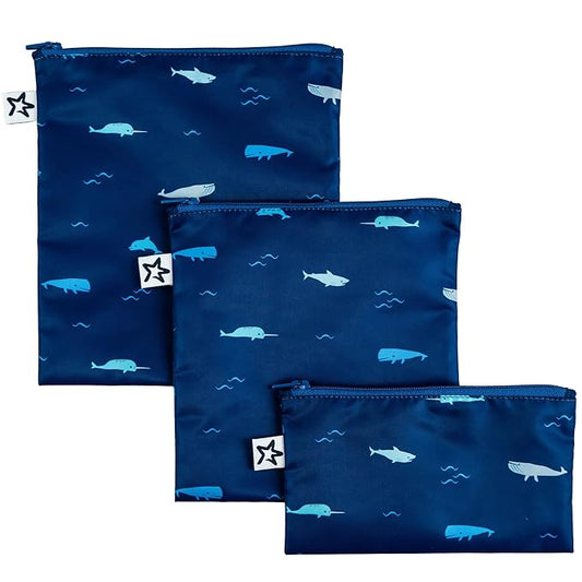 Tiny Twinkle 3 Pack Reusable Snack Bags - Machine Washable, PFAS, PVC, BPA, Phthalate-Free Reusable Baby and Toddler Food Safe Snack Bags (Ocean)