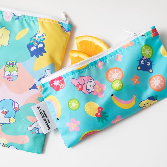 Bumkins Reusable Sandwich and Snack Bags, for Kids School Lunch and for Adults Portion, Washable Fabric, Waterproof Cloth Zip Bag, Travel Pouch, Food-Safe Storage, 3-pk Hello Kitty