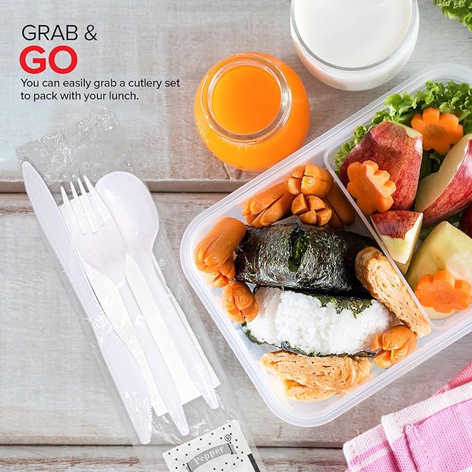 Individually Wrapped Plastic Cutlery Set with Napkin + Salt & Pepper Packets in White (50 Count) Prewrapped Disposable Silverware Bags, Bulk Utensils: Fork, Knife, and Spoon for Togo Eating