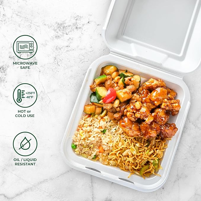 Freshware Clamshell Food Containers with Lids [8x8 200-Pack] Disposable To Go Containers, Biodegradable Sugarcane To Go Boxes - Paper Container - Microwave & Freezer Safe, Stackable