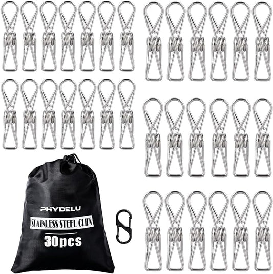 (30PCS) Stainless Steel Laundry Clothes Pins Heavy Duty Outdoor, Clothespins for Hanging, Metal Clips, Metal Clothes pins, Snack Bag Chip Clips for Food Packages, Close pins