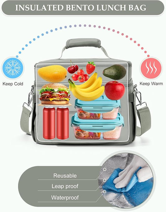 Lunch Box Women Insulated Lunch Bag Men Expandable Waterproof Leakproof Lunch Boxes Large Lunch Tote Cooler Bag for Work with Water Bottle Holder Grey Green