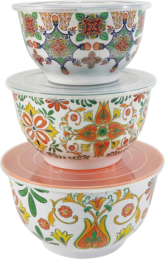 TP Mixing Bowls with Lids, 6-Piece Nesting Melamine Bowls Set for Prepping Serving Baking Cooking, Non Slip Bottom, Set of 3, Aztec Bloom