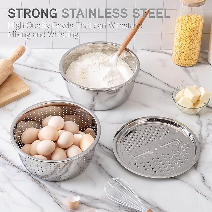 COOK WITH COLOR Stainless Steel Mixing Bowls Set - Nesting Bowls with Non-Slip Bottom and Easy-Grip Handles, Silver, 3 Pieces