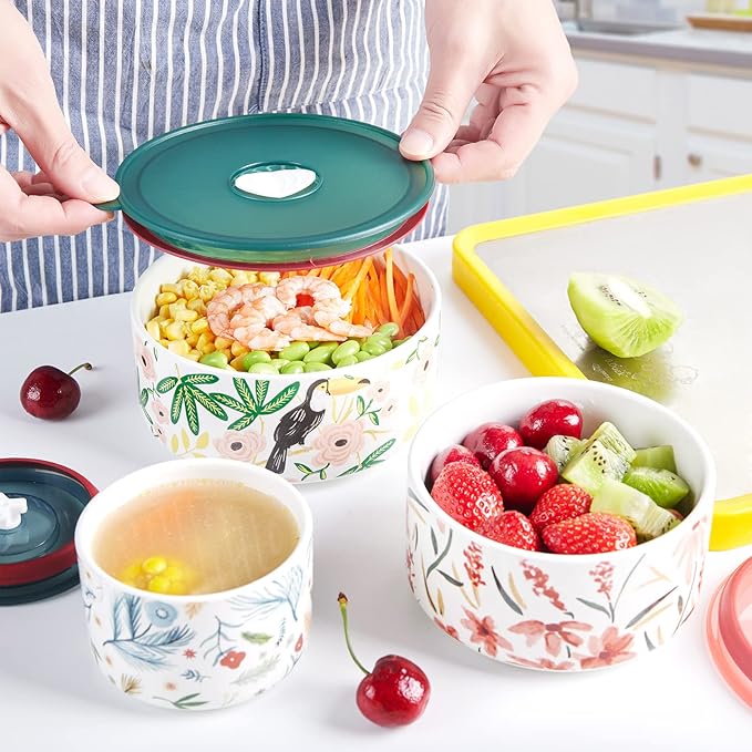 Ceramic Bowls with Lids, 4, 5, 6 Inch Food Storage Container Bowl, Microwave & Dishwasher Safe, For Soup, Salad, Rice, Cereal, Breakfast, Dinner, Serving, Oatmeal (Blue)