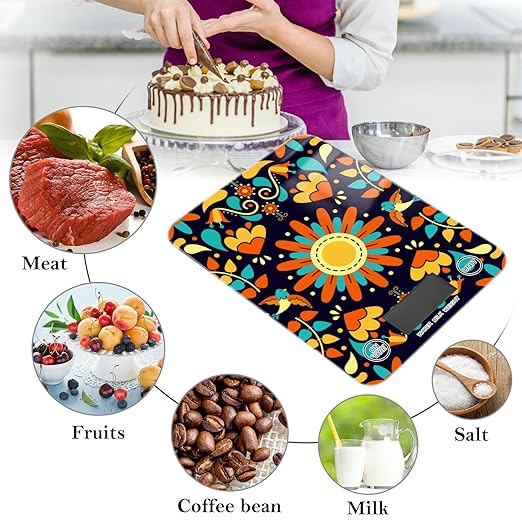 Food Scale Kitchen Digital Scale Food Ounces and Grams Dieting Baking Cooking Waterproof Glass Panels LCD Display,4 Units Scale Tare Function Boho Floral