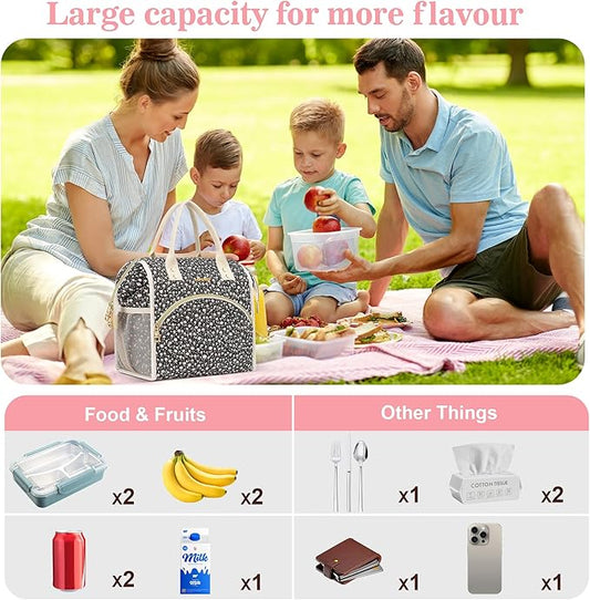 LOKASS Insulated Lunch Bag Women- Reusable 10 L Lunch Box for Women - Leakproof Tote Cooler Bag for Adults Work, Beach, Travel, Picnic （Black Small Florals）