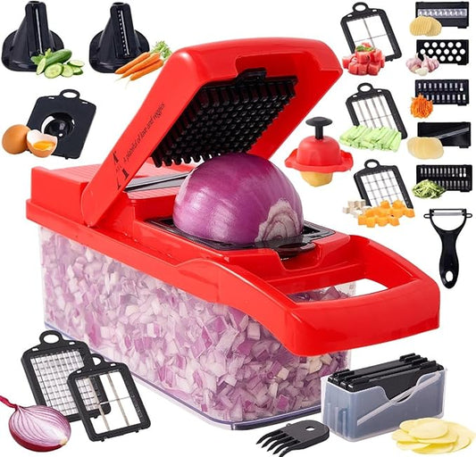New 26 in 1 Ultimate Vegetable Chopper – Multi-Function Vegetable Slicer for Slice, Dice, Chop, Grate and Spiralize - Hand Kitchen Slicer for Food and Salad - Kitchen Essential (Red)
