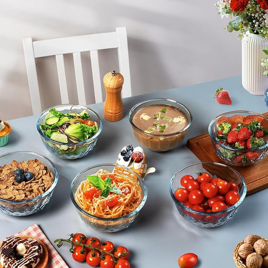 Freshmage 6 Pack Soup/Cereal Bowls Set, Extra Thick and Anti Resistant, 26oz Round Glass Diamond Cutting Kitchen Bowls, Microwave/Freezer/Dishwasher safe
