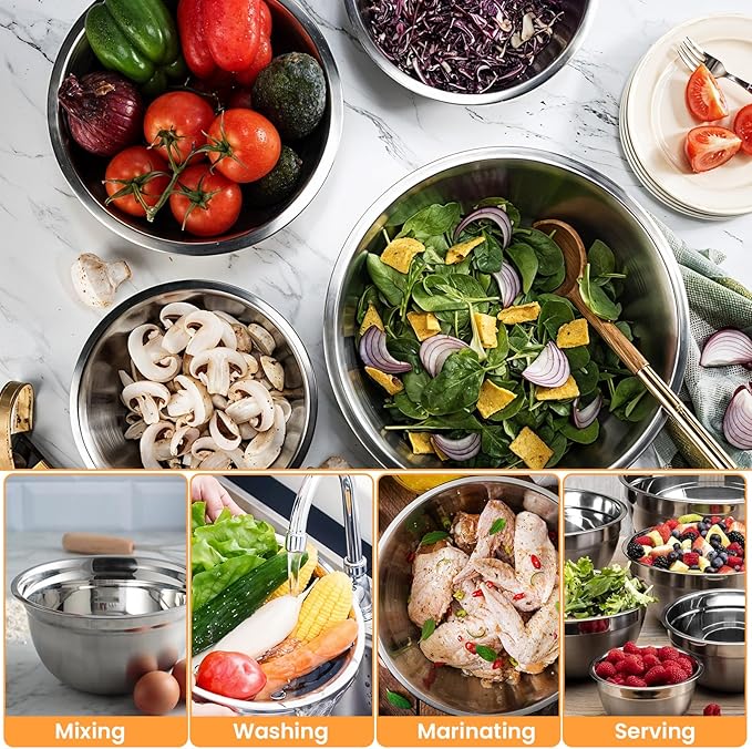 7 Pcs Stainless Steel Mixing Bowls With Lids Set, Stackable Metal Nesting Bowls with Airtight Covers for Cooking, Baking, Serving, Non-toxic & Dishwasher Safe, Size 0.63/1/1.4/2/2.5/3.2/4.2QT