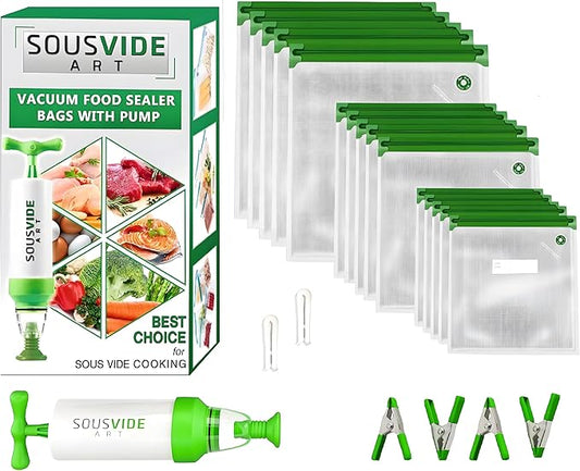 SOUSVIDE ART Reusable Vacuum Seal Bags with Vacuum Sealer, 37pcs - 30 Cooking and Storage Bags of 3 Sizes with Pump and Sous Vide Cooker Accessories - Food Safe Kit, Keeps Food Fresh