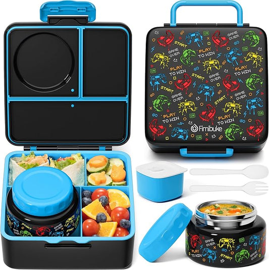 Fimibuke Bento Box for Kids Adult, BPA Free & Leakproof Toddler Lunch Box with 8.5oz Insulated Thermos Food Jar, Utensils & Sauce Jar, Dishwasher Safe 3 or 4 Compartment Container for School Girl Boy