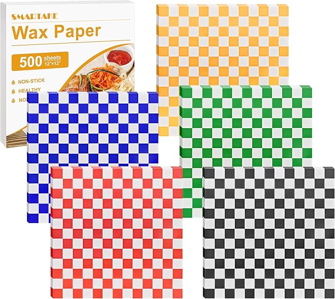 SMARTAKE 12 x 12 Inches Wax Paper for Food, 500 Pcs Non-Stick Hamburger Patty Paper, Square Sandwich Separators Wrapping Paper, for Lunch, Restaurants, Barbecues, Picnics, Parties, 5 Colors