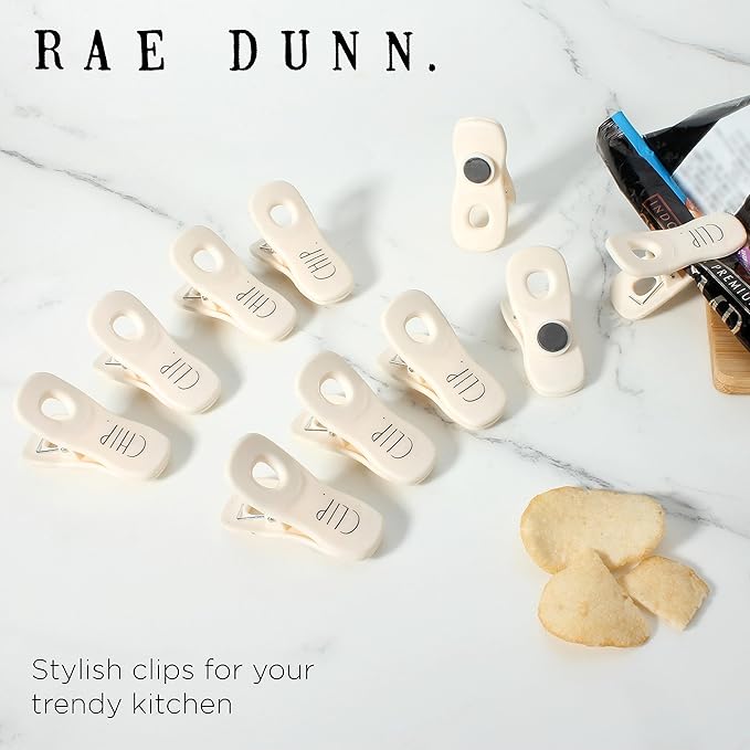 Rae Dunn Bag Clips with Magnet - Chip Clips, Food Storage with Air Tight Seal Grip for Bread, Snack and Food Bags, Pack of 10, White