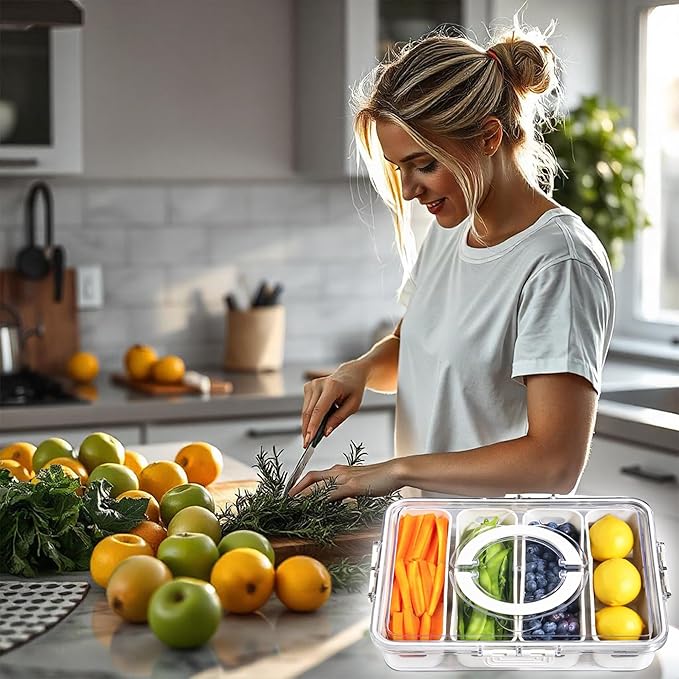 [Dishwasher Safe] Snackle Box Container, Salad Bar Drawer, Fridge/Refrigerator Storage & Organizer for Vegetable, Fruit, Berry, Veggie Prep Tray with Lid & Strainer, Fresh Produce Keeper (4 Colander)