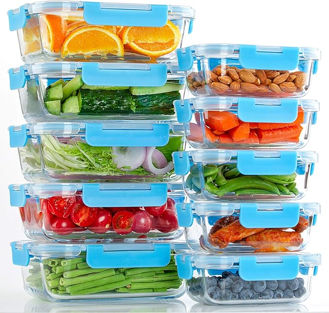 C CREST Glass Meal Prep Containers, [10 Pack] Glass Food Storage Containers with Lids, Airtight Glass Bento Boxes, BPA Free & Leak Proof (10 Lids & 10 Containers)