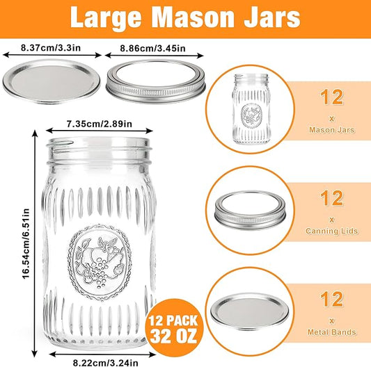 Mason Jars 32 oz, 12 Pack Glass Wide Mouth Mason Jars, with Airtight Lids and Bands, Large Canning Jars for Food Storage, Pickling, Meal Prep, DIY Decor, Fruit Print, Safe for Microwave & Dishwasher