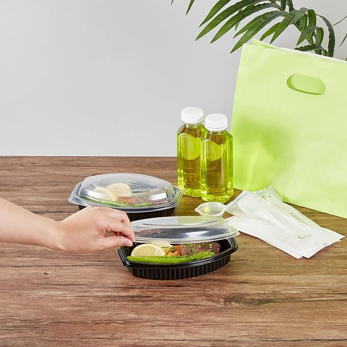 RW Base 16 Ounce Meal Prep Containers, 100 Microwavable To Go Containers With Lids - Disposable, Freezable, Black Plastic Oval Food Containers, Pack Hot And Cold Food, For Takeaway - Restaurantware