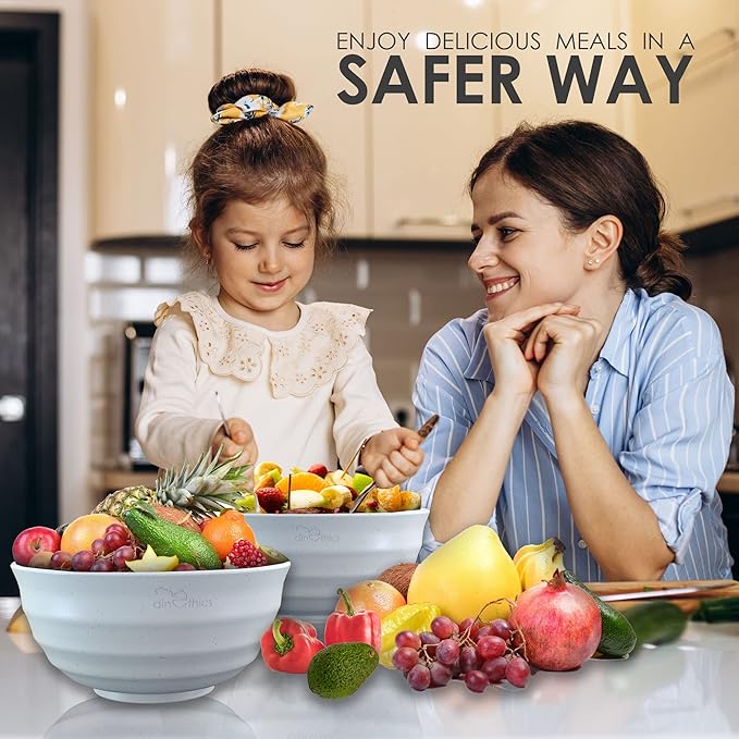 6 Wheat Straw White Bowl 60 OZ - Deep Microwave Safe Bowls For Kitchen - Alternate To Large Plastic Salad Bowl Set Of 6 - PHO Bowls For Soup Cereal Salad Rice Pasta Popcorn Snack
