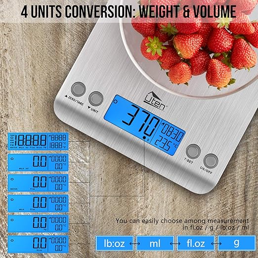 Uten Digital Kitchen Scale for Baking and Cooking, 11lb Ultra Slim Food Scale Grams and Ounces - with Hook Design, LCD Display, Timer