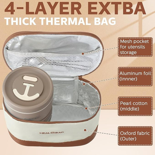 Dandat 4 Pcs Insulated Bento Box Portable Stainless Steel Food Container Round Microwave Safe Stackable Leakproof Thermal Food Container for Adult Men Women with Insulated Bag, 74 oz (Khaki)