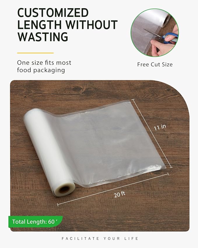 Syntus Vacuum Sealer Bags for Food, 3 Rolls 11" x 20' Commercial Grade Bag Rolls, BPA Free Food Vac Bags for Storage, Meal Prep or Sous Vide