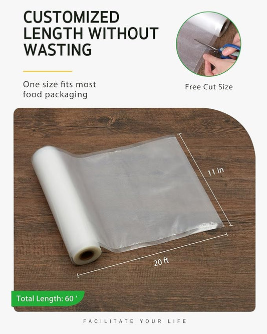Syntus Vacuum Sealer Bags for Food, 3 Rolls 11" x 20' Commercial Grade Bag Rolls, BPA Free Food Vac Bags for Storage, Meal Prep or Sous Vide