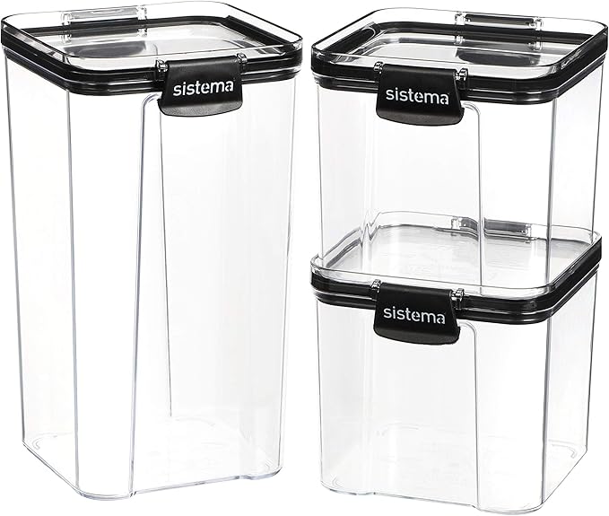 Sistema Ultra Tritan Airtight Pantry & Kitchen Storage Containers 3 Square Plastic Food Containers with Lids (1x 1.3L + 2x 700ml) Stackable with Locking Clips BPA-Free [82008]