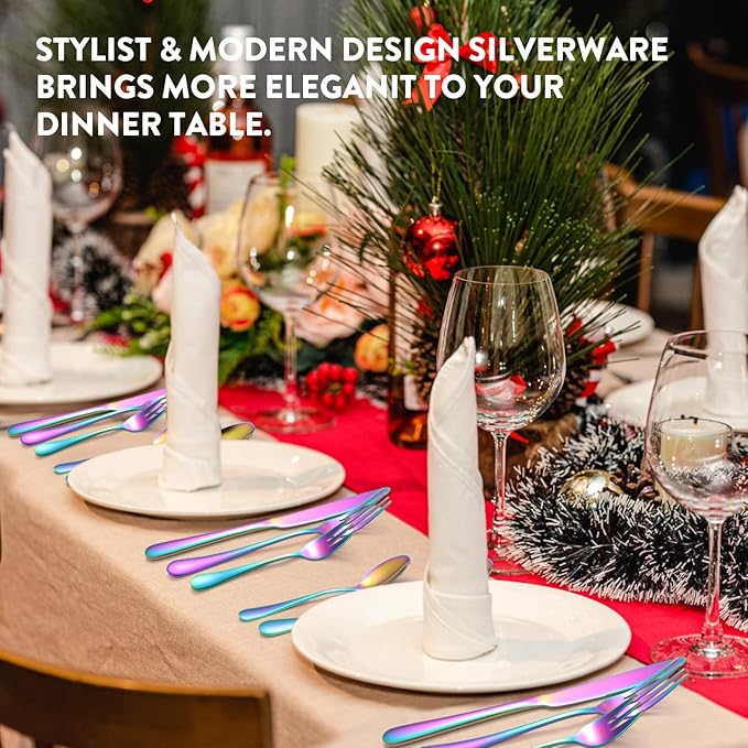 30 Piece Rainbow Silverware Set with Gift Box for 6, Colorful Stainless Steel Flatware Cutlery Set, Home Kitchen Tableware Utensil Set, Include Spoons Forks Knives